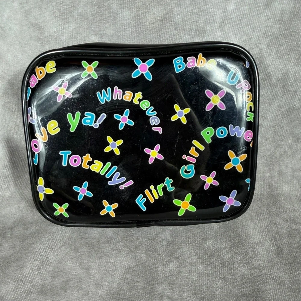 Vtg‎ 90s Y2K Black Patent Makeup Bag Pouch Girl Power Whatever Retro Rainbow EUC
